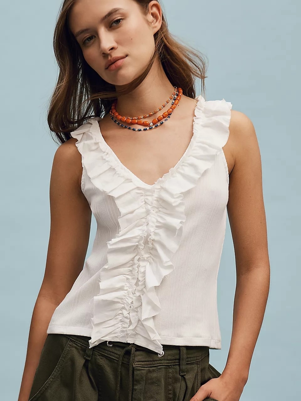 Pilcro V-Neck Ruffle-Front Tank Top